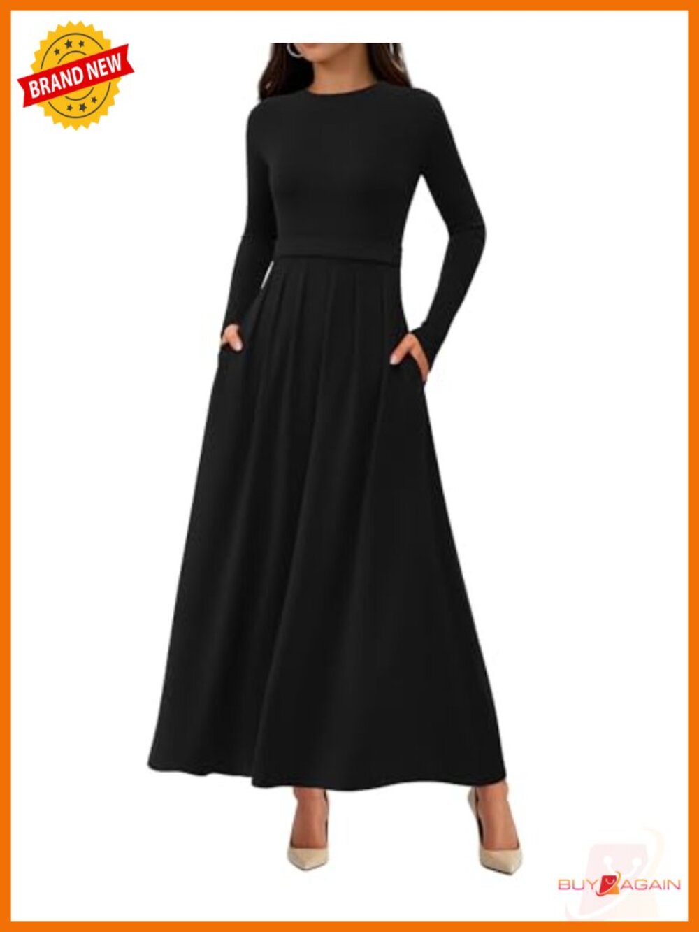 Women's Long Sleeve A Line Pleated Maxi Dress with Pockets Business Casual